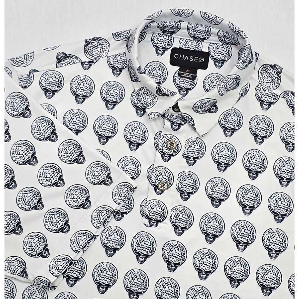 Chase 54 Mens Golf Polo Shirt White Black Skull Golf Ball Print Size M Short Slv